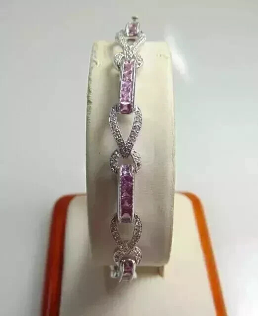 10CT Lab-Created Pink Sapphire Tennis Bracelet in 14K White Gold Plated 7 Inch