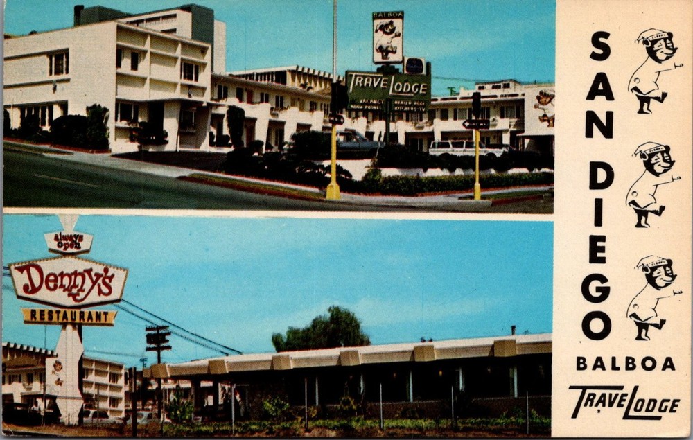 San Diego Balboa Travelodge Denny's Restaurant CA Curteichcolor Postcard