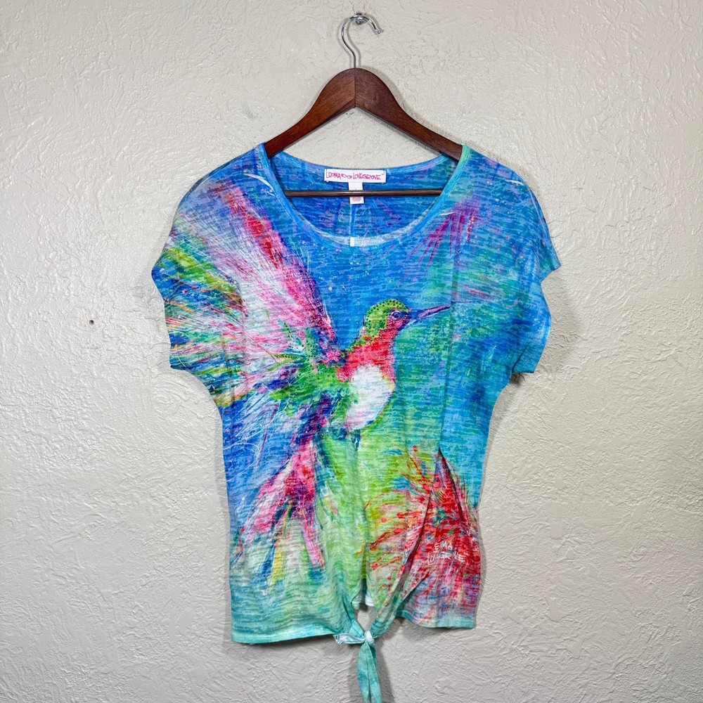 Leoma Lovegrove Top Large Rhinestones Hummingbird Tropical Resort Artsy Burnout