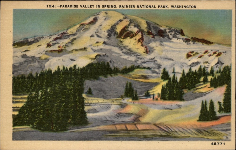 Rainier Natl Park Washington ~ Paradise Valley in Spring ~ snow ~ linen postcard