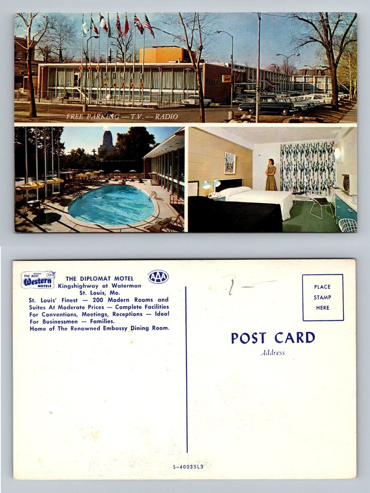 St. Louis, MO-Missouri, Diplomat Motel Embassy Dining Room Pool Vintage Postcard