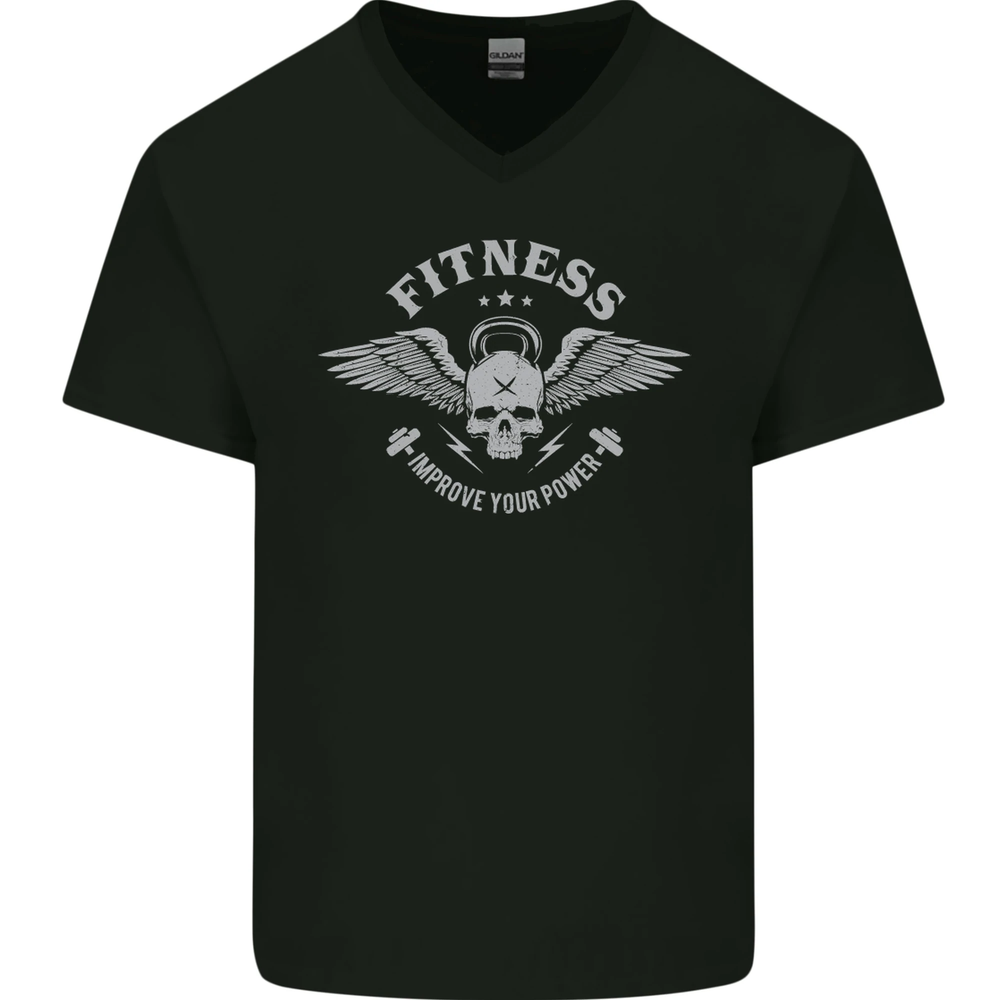 Gym Fitness Improve Your Power Skull Mens V-Neck Cotton T-Shirt