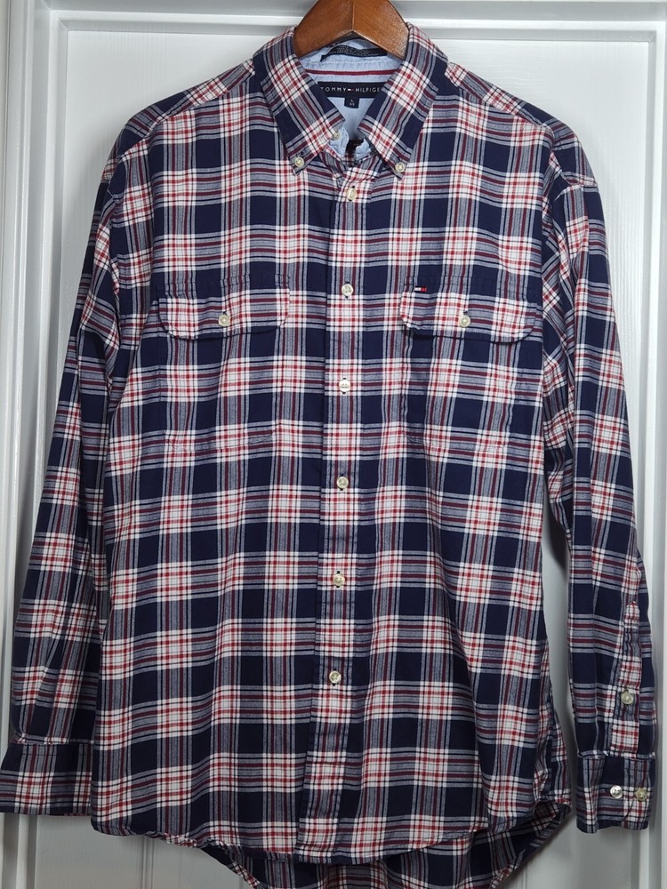 Tommy Hilfiger Shirt Mens L Red White & Blue Plaid Long Sleeve Button Up Cotton
