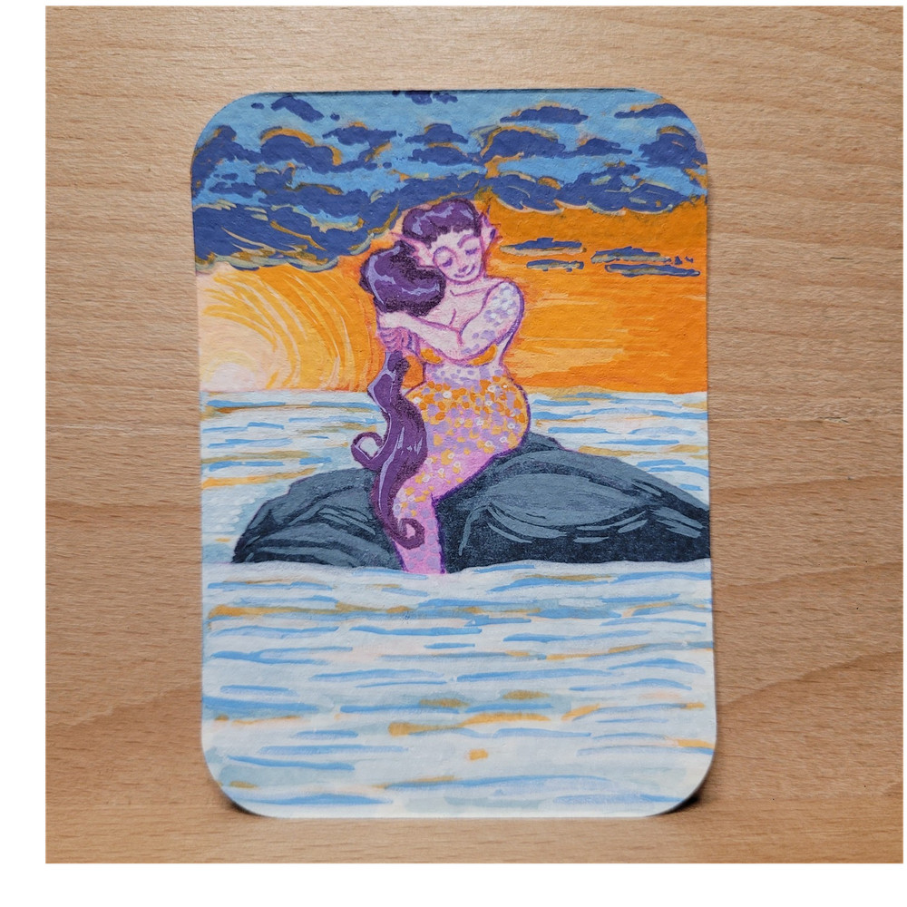 ACEO Original Mermaid Sunset Mixed Media Painting By InnyNieves