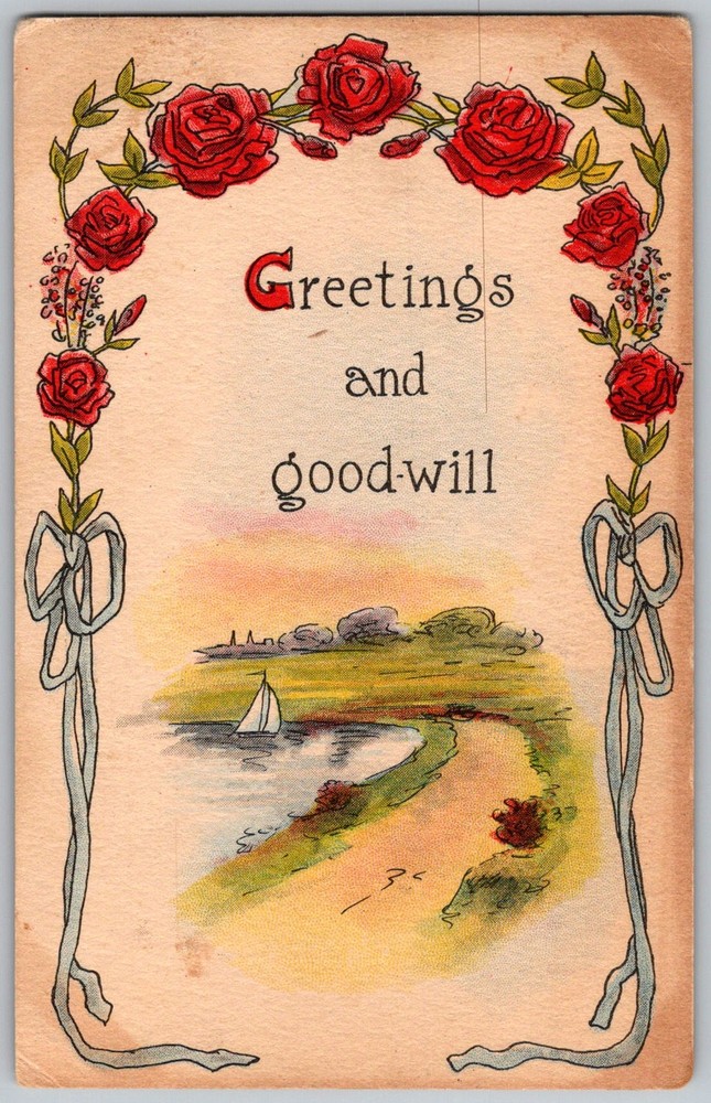 Antique Postcard Rose Wreath Seascape Sailboat 1910s