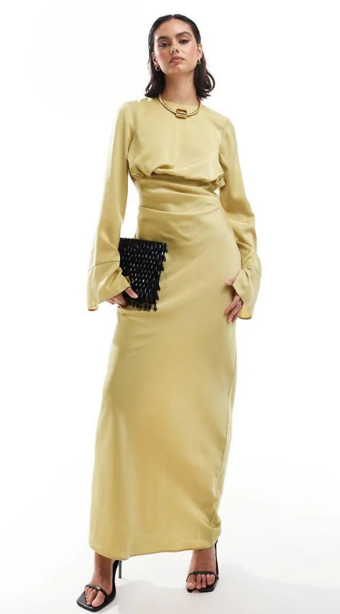 ASOS Design draped front tuck sleeve Maxi dress Gown - size 6 - Lime Green