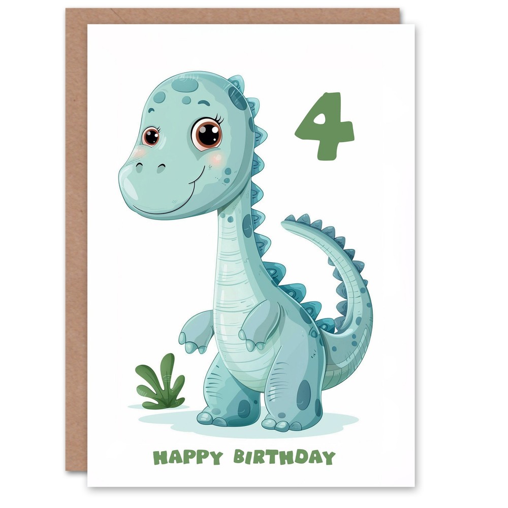 4th Birthday Card Cute Blue Baby Dinosaur Cartoon Kids Age 4 Year Old Child