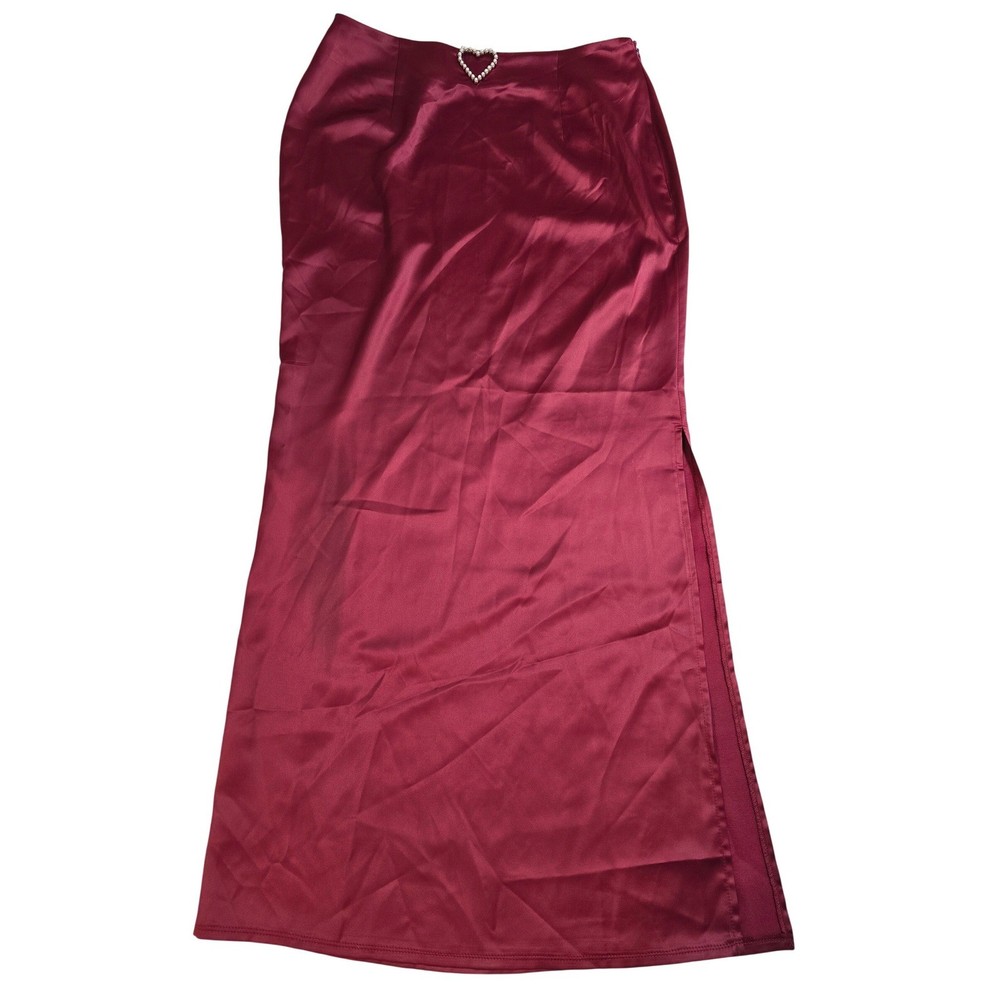 Satin Midi Skirt Pearl Heart Detail Burgundy Red Valentine Side Slit Women