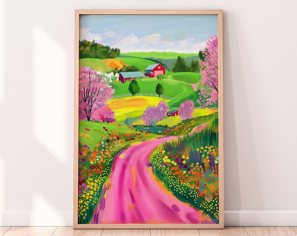Country Road Illustration Farm Landscape Modern Farm Wall Art Wild Flower Field