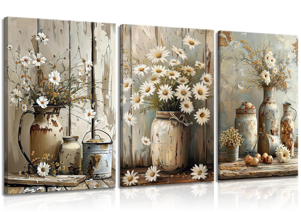 Rustic Farmhouse Daisy Flower Canvas wall art Vintage Country Floral Poster P...