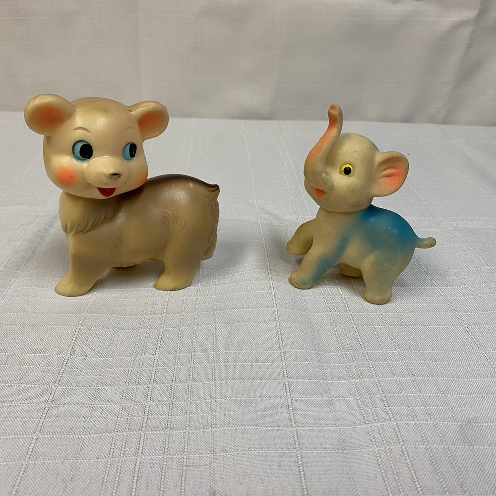 Vintage Blue Elephant & Bear Squeaky Soft Rubber Baby Squeeze Toy 1950s Japan