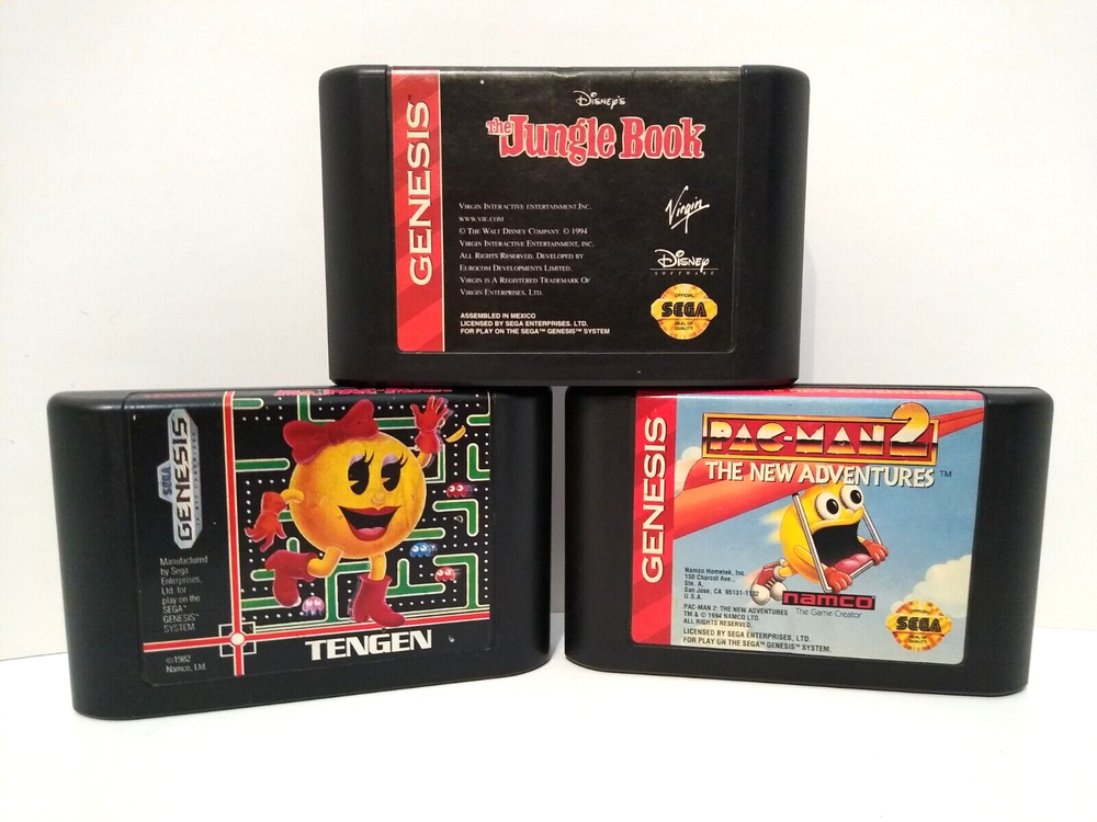 JUNGLE BOOK, MS. PAC-MAN + PAC-MAN 2: NEW ADVENTRES Sega Genesis game lot Works!