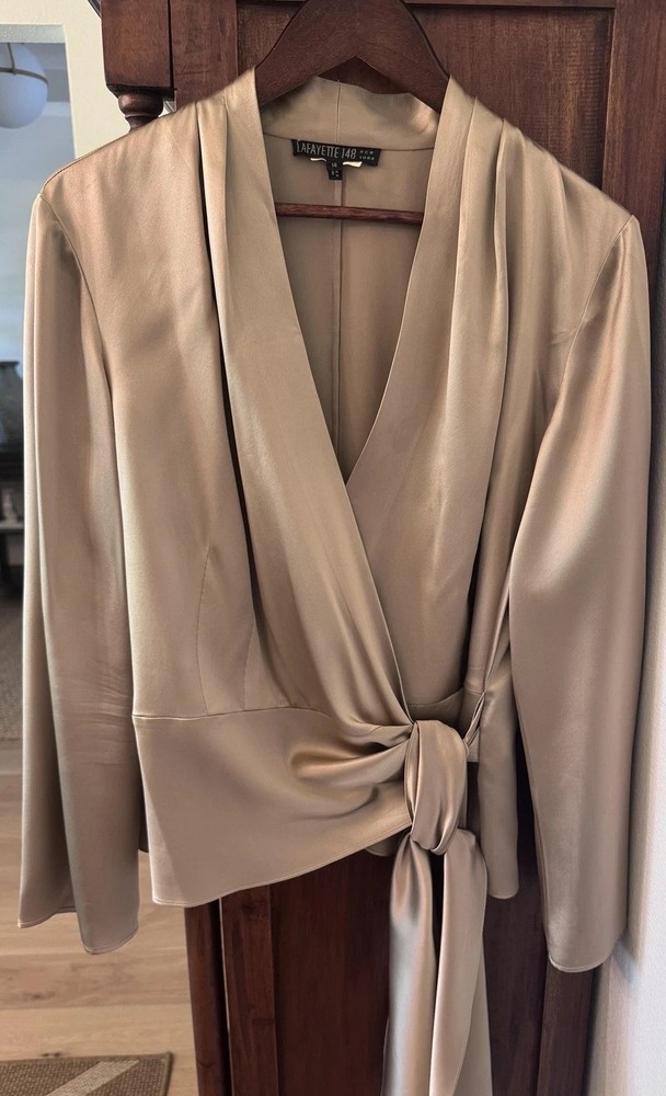 Lafayette 148 New York Blouse Womens 14 Beige Silk Tie Front V Neck Top Wrap