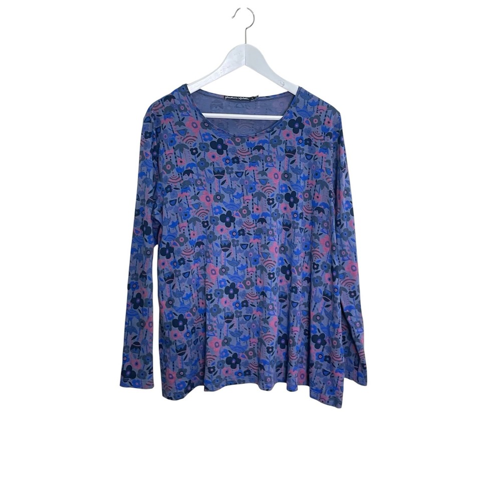Gudrun Sjoden Purple Pink Flower Bird Print Long Sleeve Cotton Modal Shirt Sz L