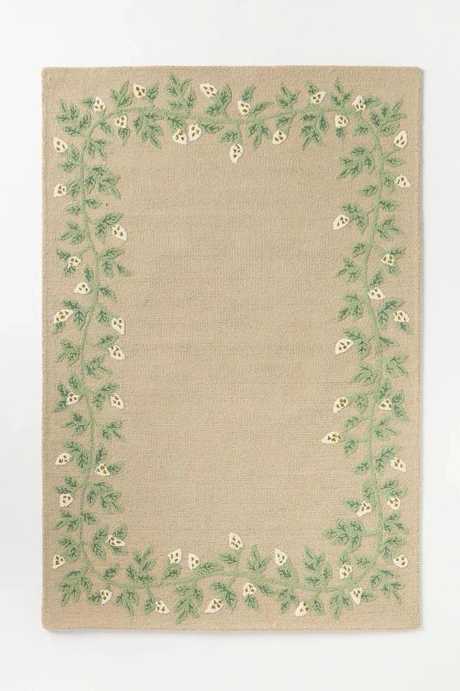 Beige Wool Floral Border Rug Vine Green Leaves Botanical Handmade India