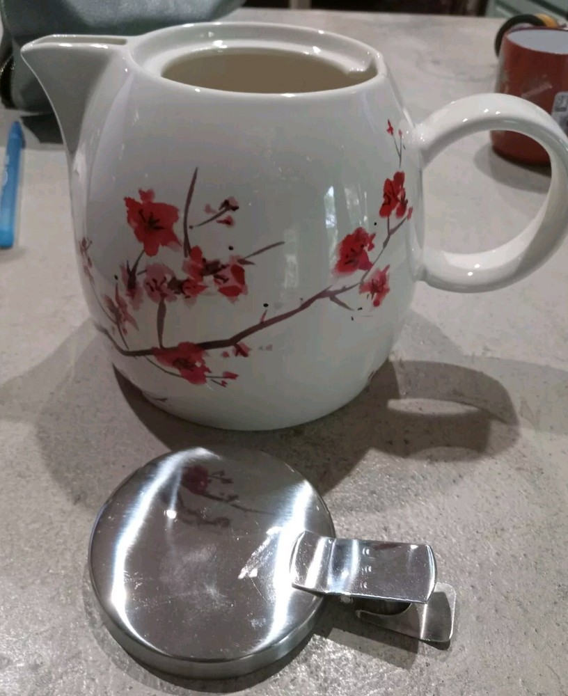 Beautiful Tea Forte  24oz Ceramic Cherry Blossoms Teapot Infuser Cup Lid New