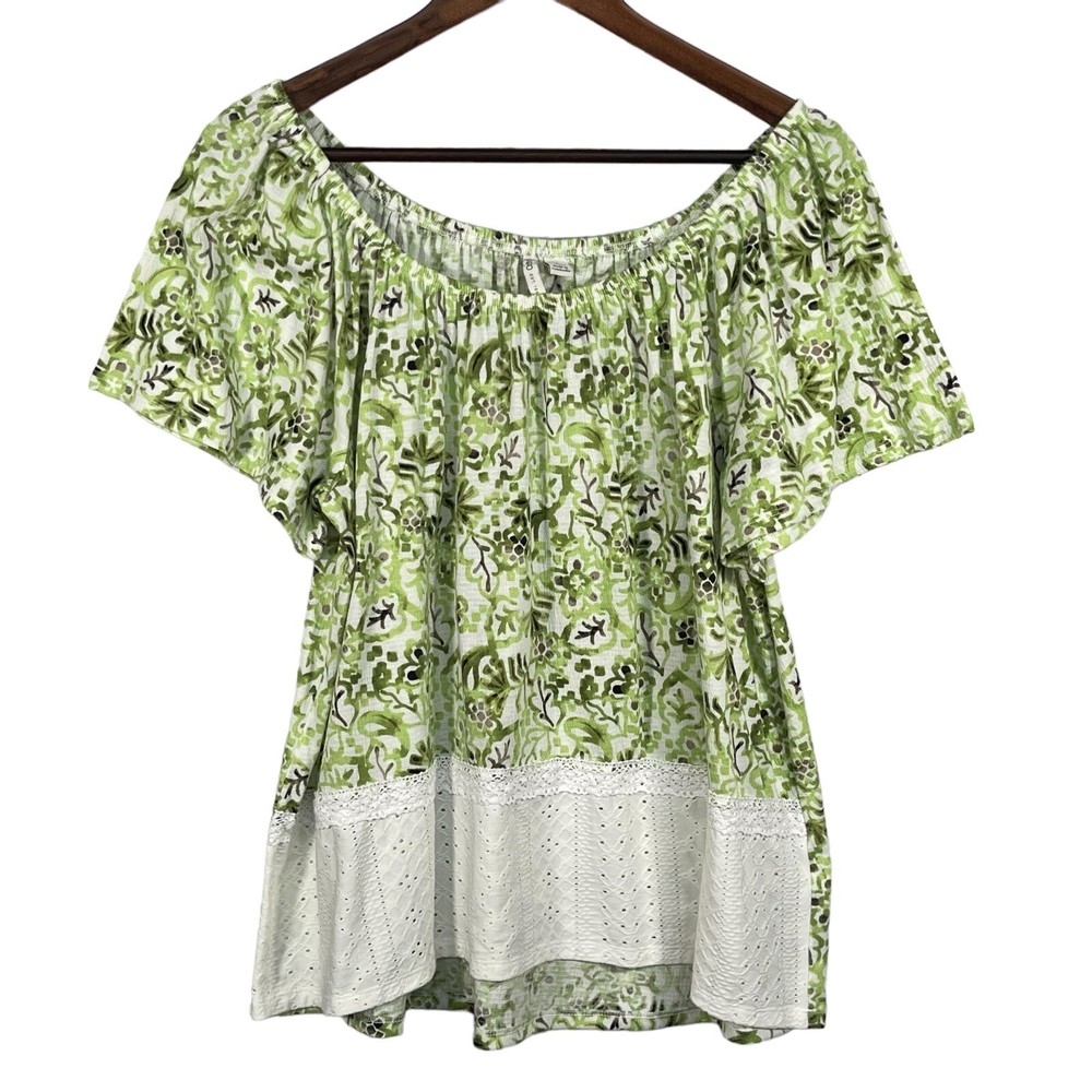 Cato Off -Shoulder Top Women Size L Green Pattern Short Sleeve Eyelet Summer