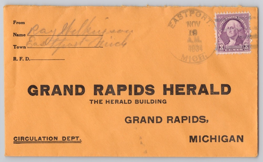 Grand Rapids, Michigan Herald Building Circulation Dept cover, 1934 3c