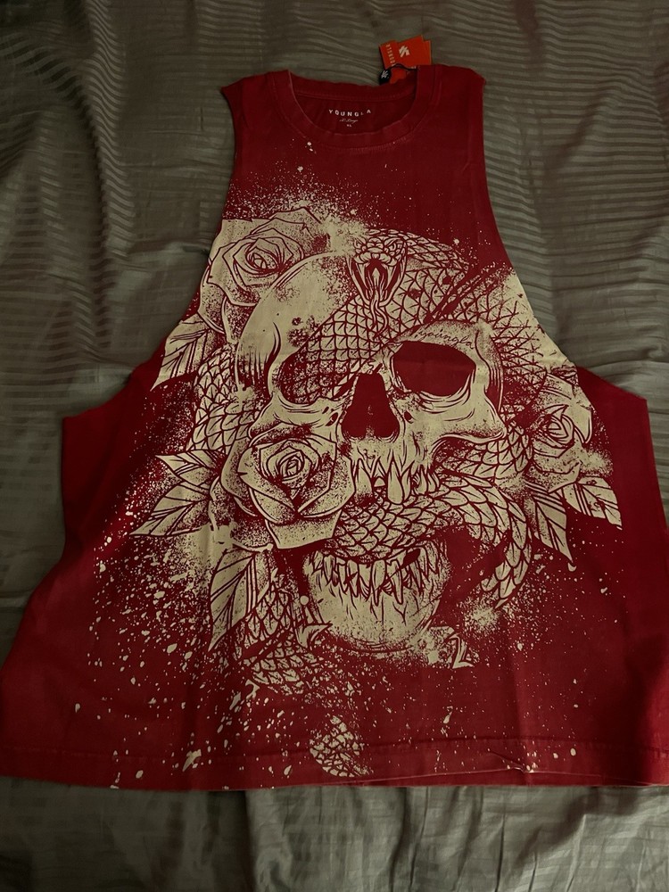 YoungLA Men's XL Red Graphic Tank Top Skull Snake Rose Cotton Sleeveless