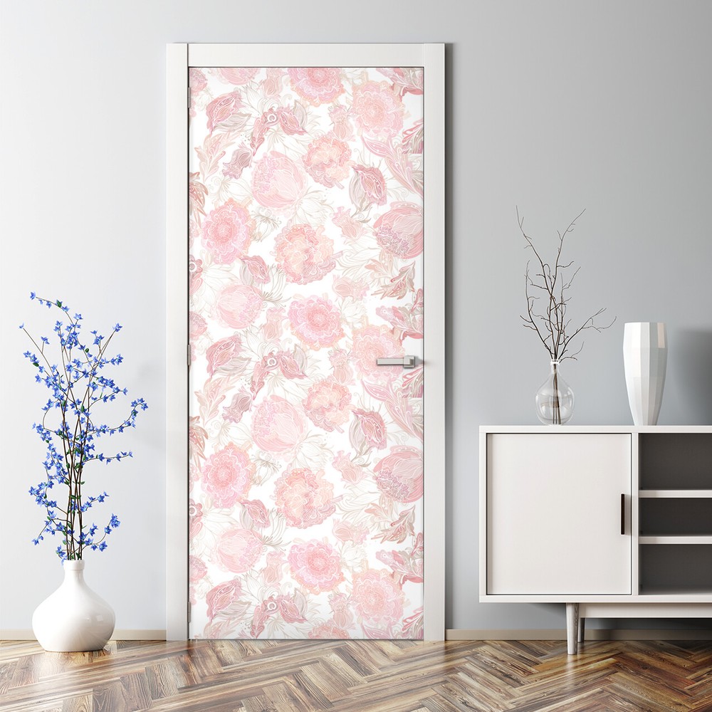 Romantic soft floral Bubble Free Door sticker pink and white Decal Decor