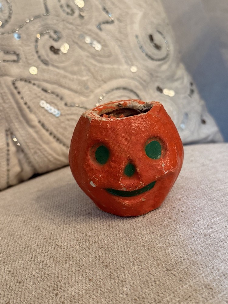 Antique Halloween Jack O Lantern Nut Cup Candy Container Crepe Paper 2.5”