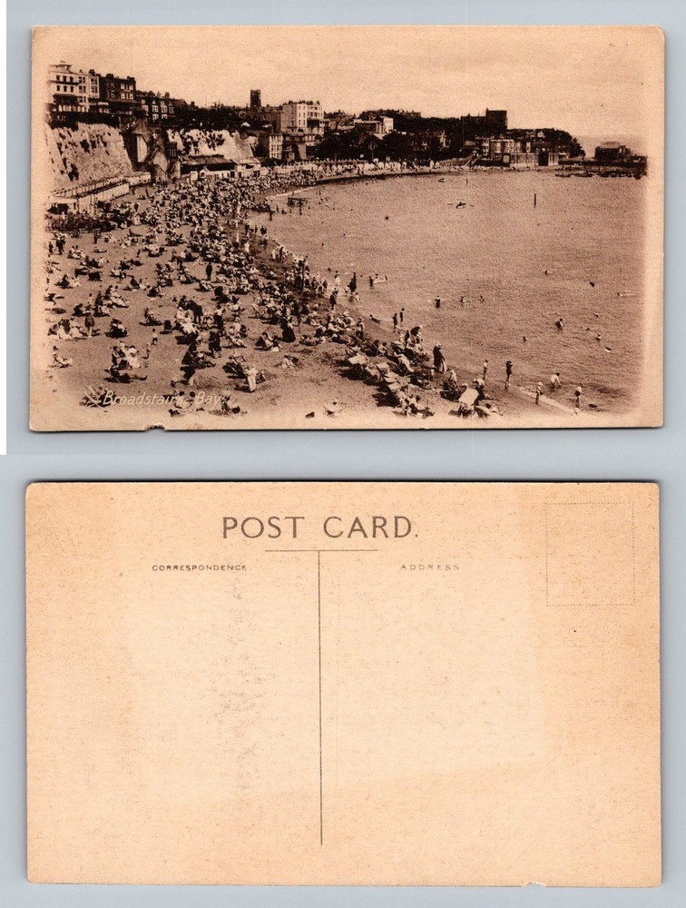 Broadstairs Bay, England, Beach Crowd Seaside Resort View Vintage Postcard