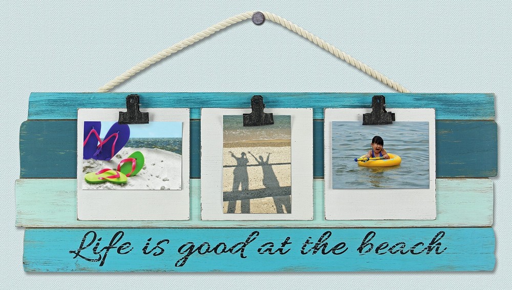 LIFE IS GOOD AT THE BEACH DECORATIVE WOODEN SIGN WITH THREE CLIPS TO HOLD PHOTOS