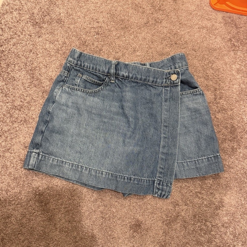 UNIQLO Women’s Blue Denim Mini Skort Adjustable Waist Size S Cotton Lyocell