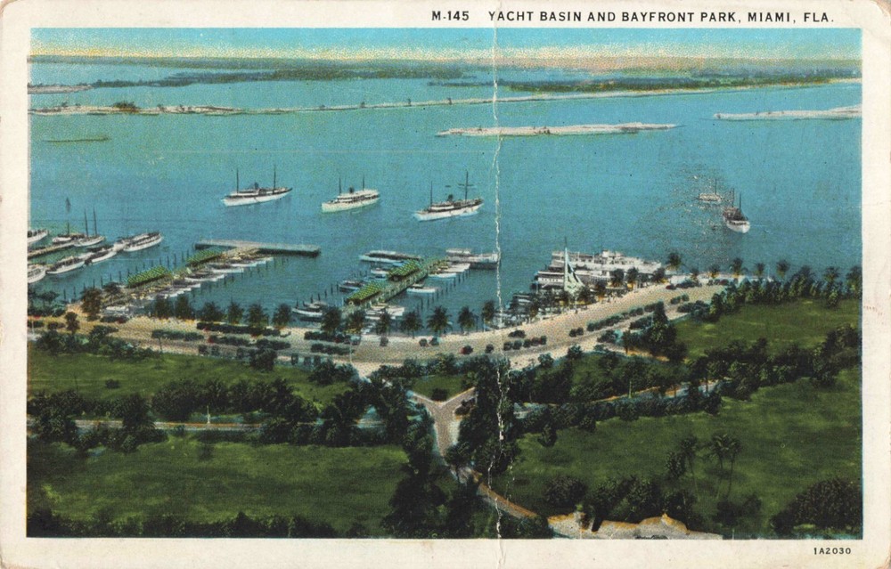 Miami Florida, Yacht Basin & Bayfront Park Aerial View, Vintage Postcard