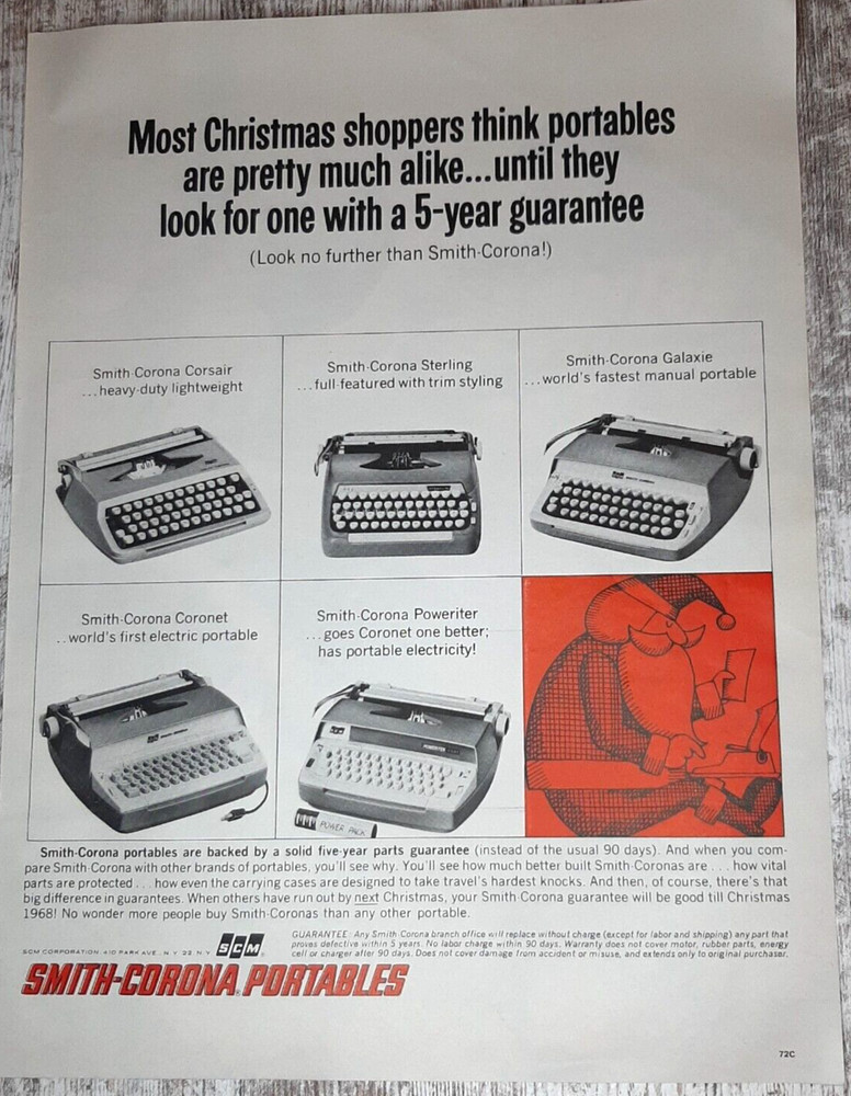 1963 Smith Corona Vintage Print Ad Typewriter Portable Christmas Santa Claus