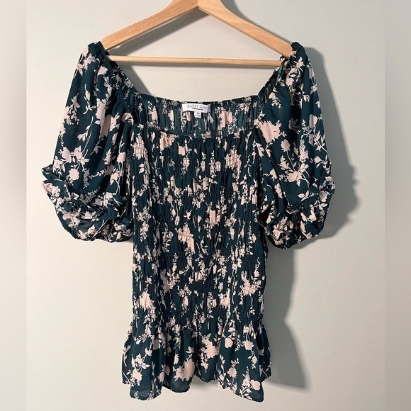 Sweet Rain Dark Green & Pink Floral Blouse with Puff Sleeves