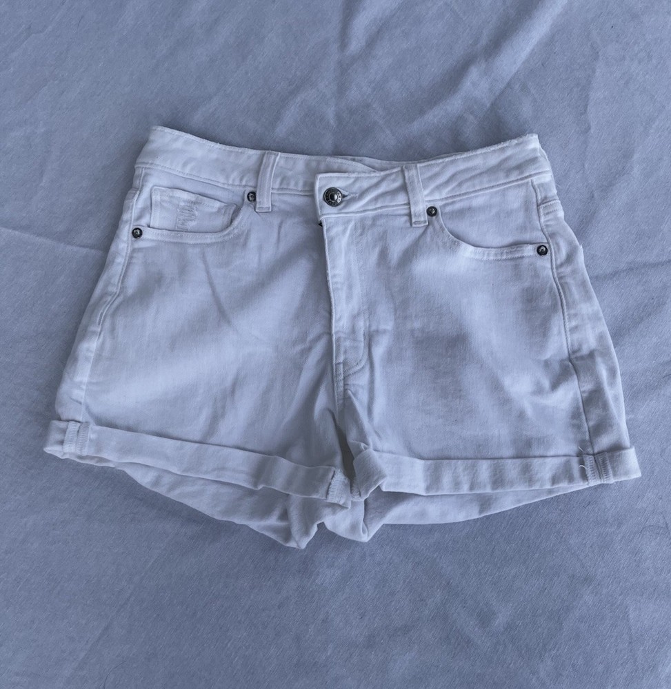 American Eagle Distressed White Denim Shorts, Stretch, Size 6