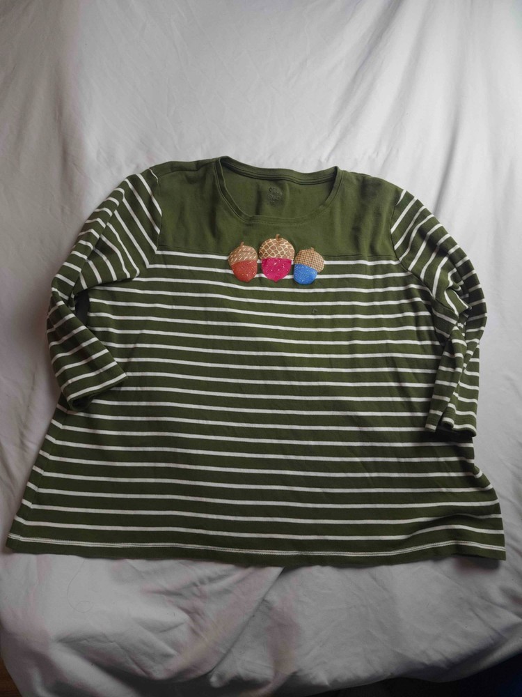 Kim Rogers Perfectly Soft Shirt Womens 2XL Green Striped Acorn Long Sleeves