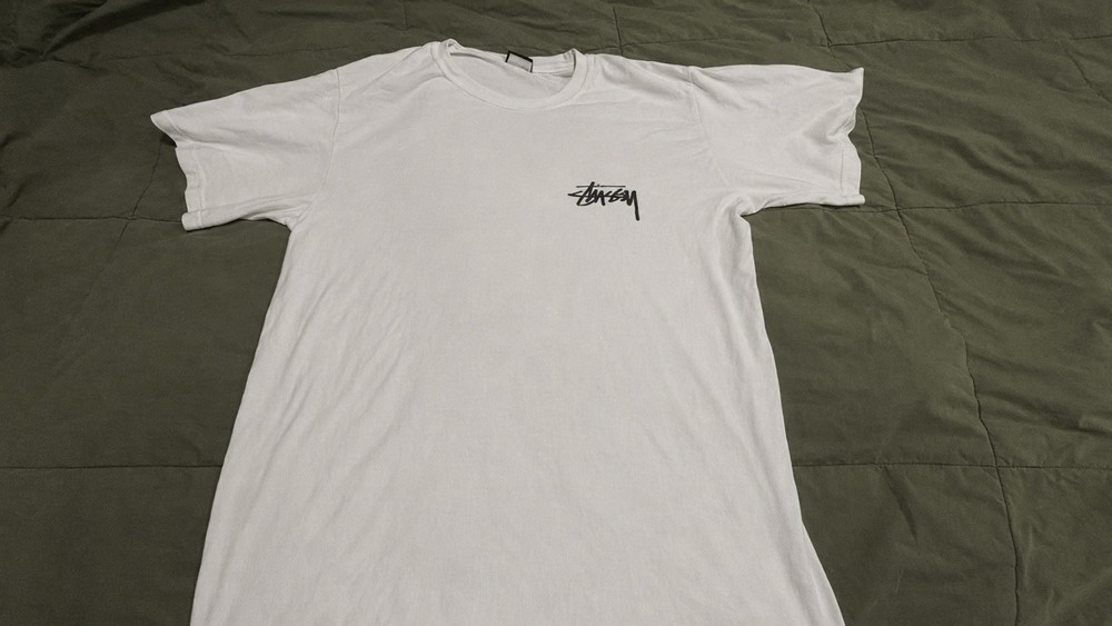 Stussy Mens White Graphic Peace Print Logo Crew Neck Short Sleeve T-Shirt Size M