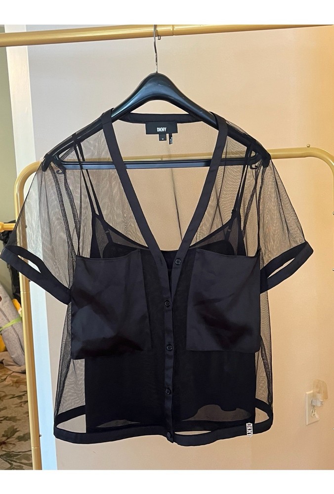 DKNY Women's Black Sheer Mesh V-Neck Short Sleeve Button-Up Blouse M