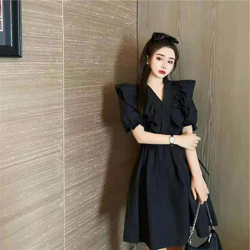 Women's Dress Small Black Dress Slimming Temperament Bubble Sleeved Shirt Dress
