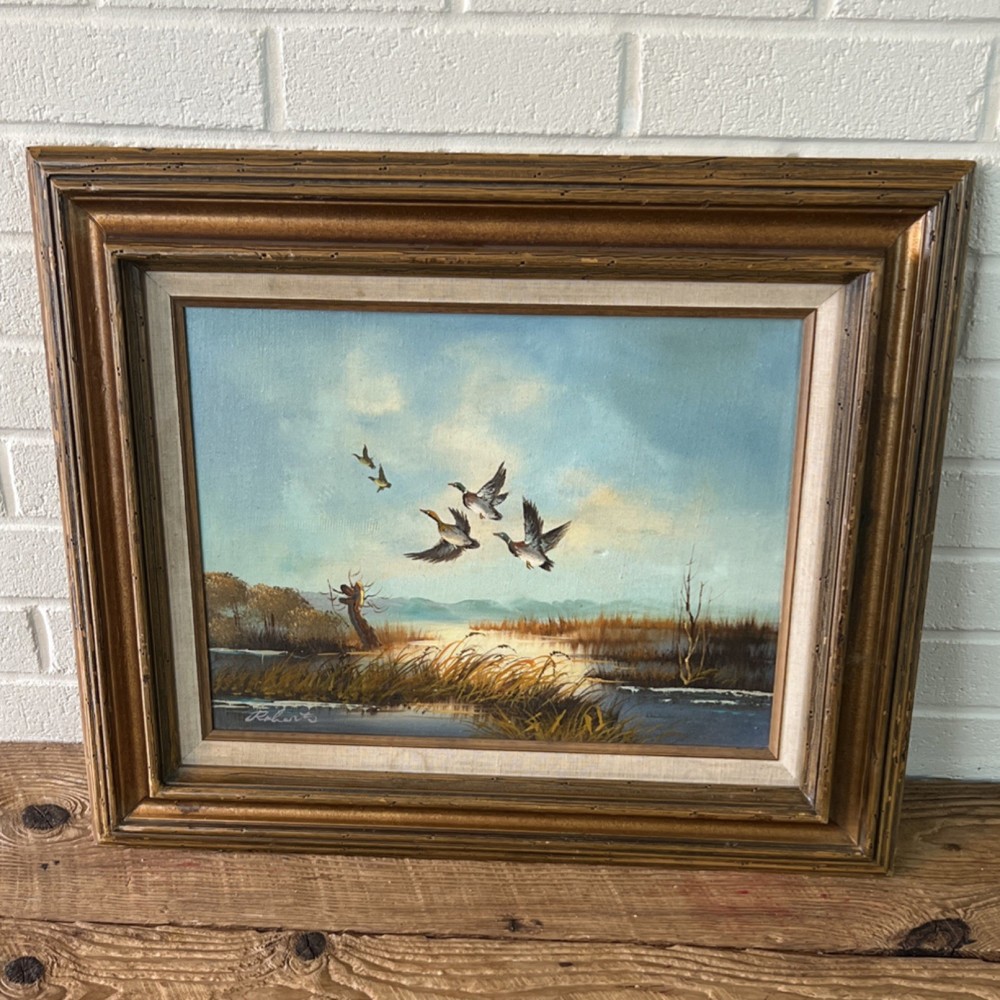 Roberts Signed Framed Original Oil Painting Ducks Landscape Nature Canvas Art