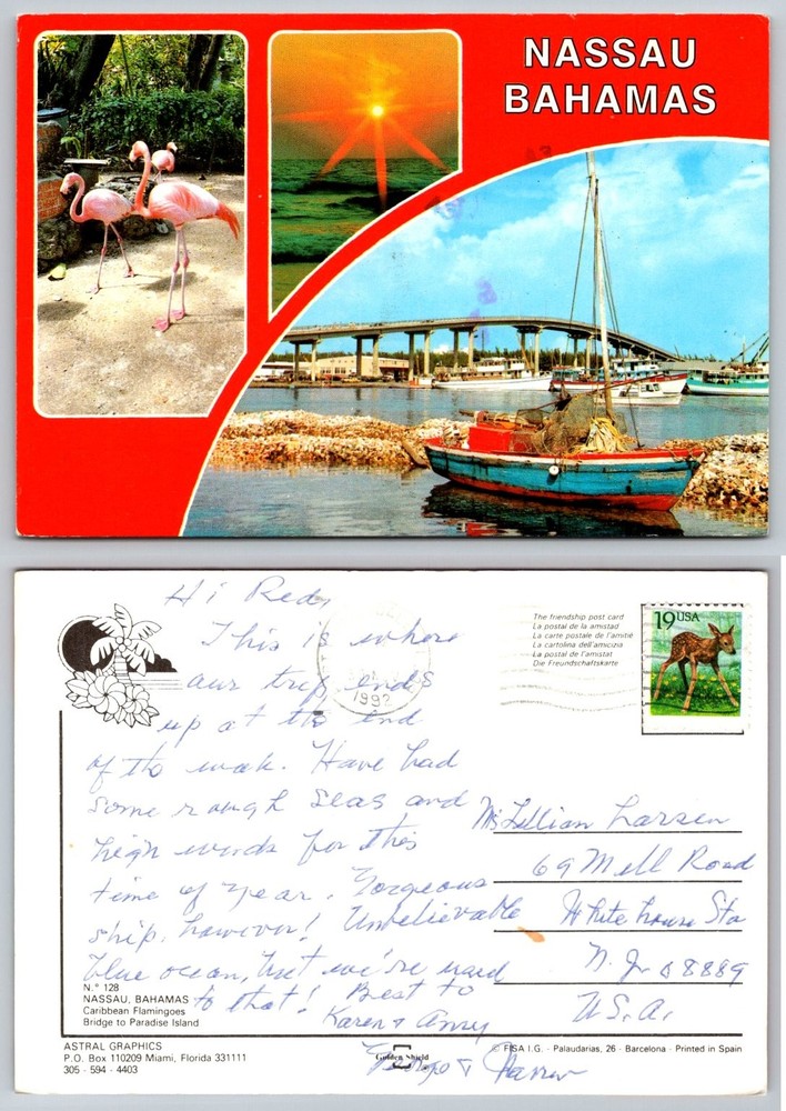 1992 Nassau Bahamas Postcard Flamingos Sunset Boats Bridge Paradise Island