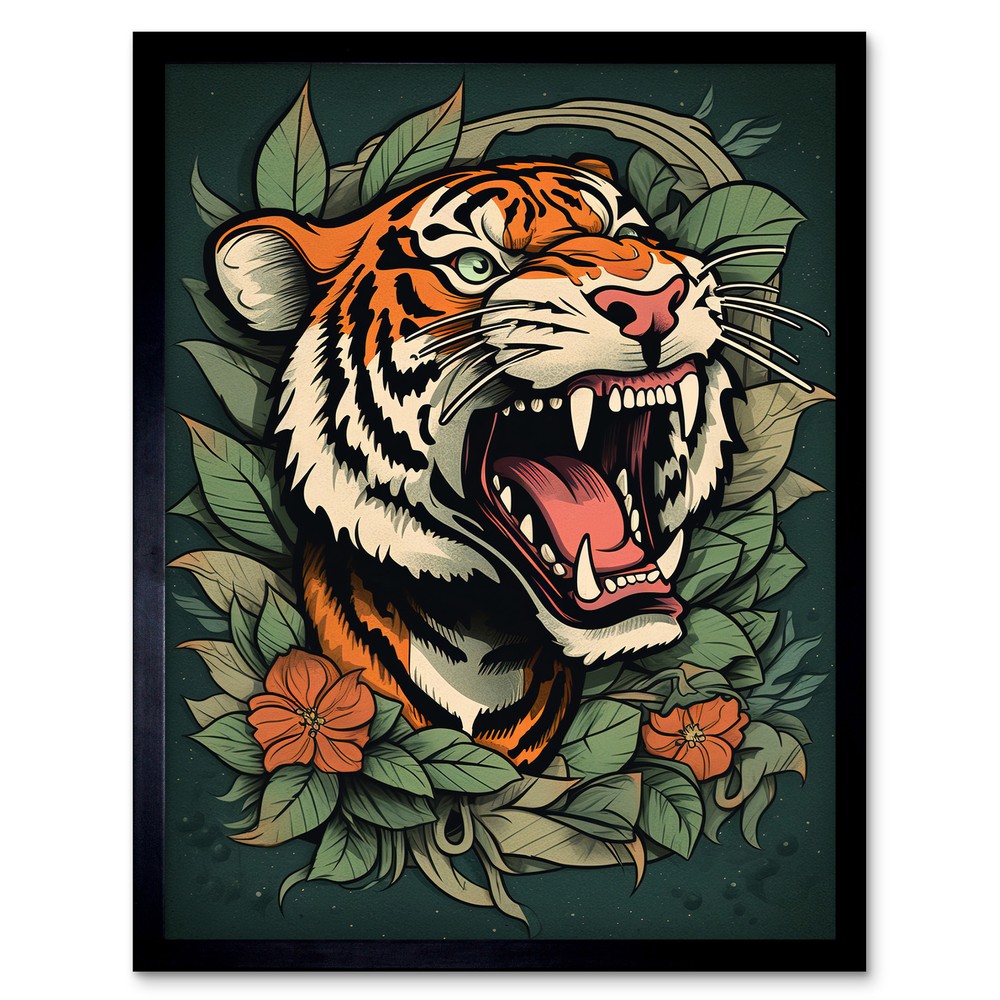 Tiger Roaring Old School USA Tattoo Rockabilly 50s Framed Print Wall Art 12x16