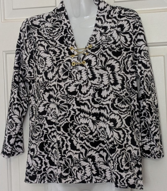 Rafaella Woman's 3/4 Sleeve Black White Career Blouse Ruffle Petite Size MP .