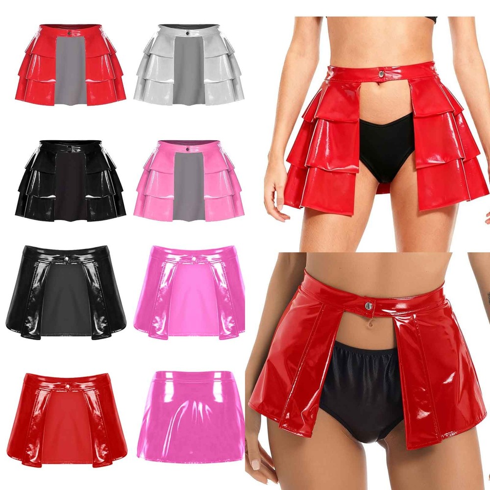 Women Tiered Hem A-Line Mini Skirt Open Front Nightclub Cosplay Party Clubwear