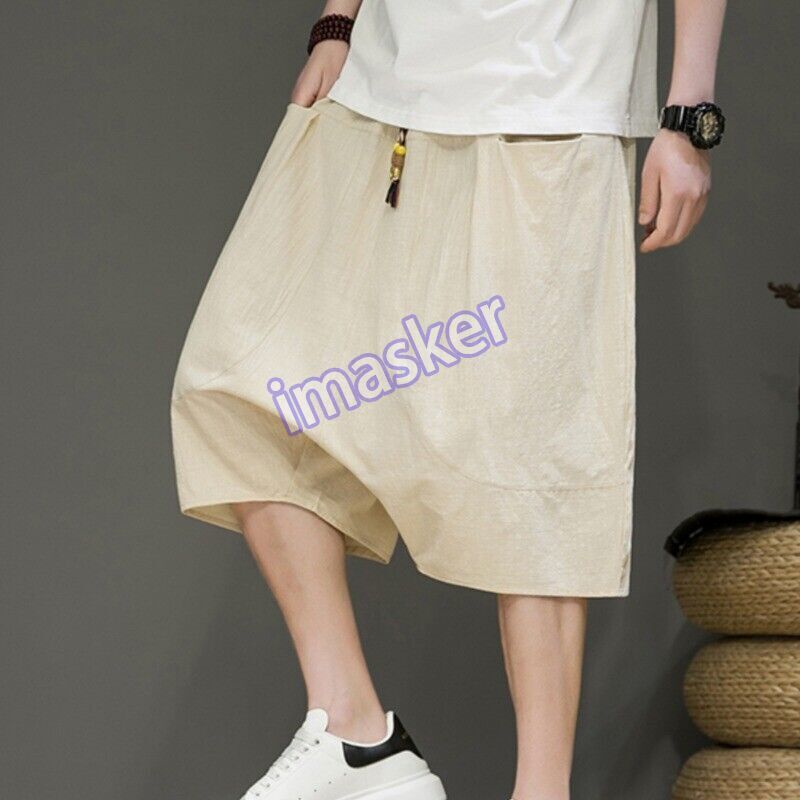 Retro Chinese Men Wide-Leg Low Crotch Summer Trousers with Pockets