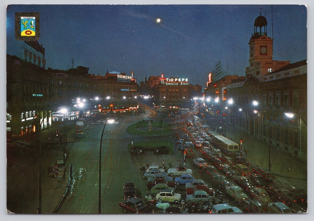 Madrid Spain, Puerta del Sol at Night, Moon, Vintage Postcard