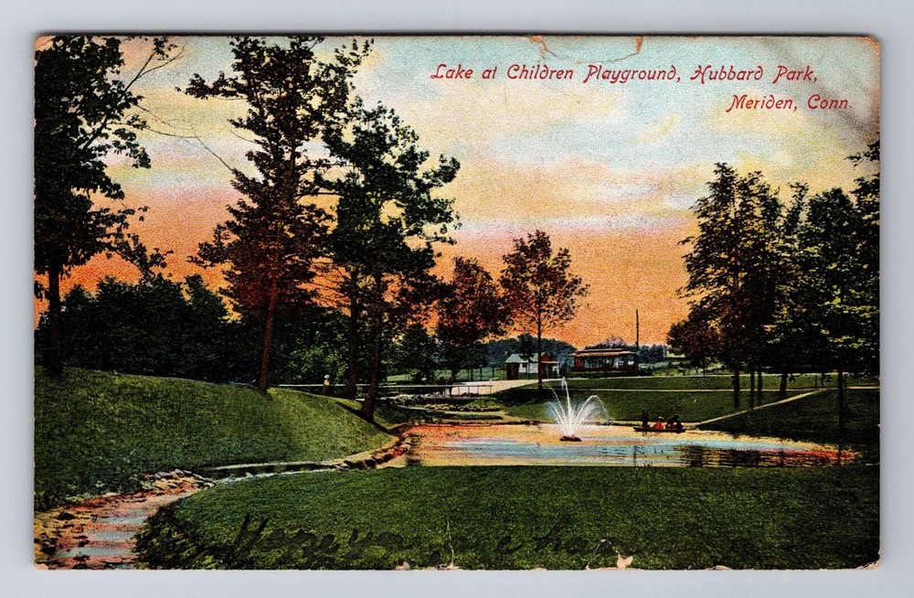 Meriden CT-Connecticut, Hubbard Park, Lake at Playground, Vintage Postcard