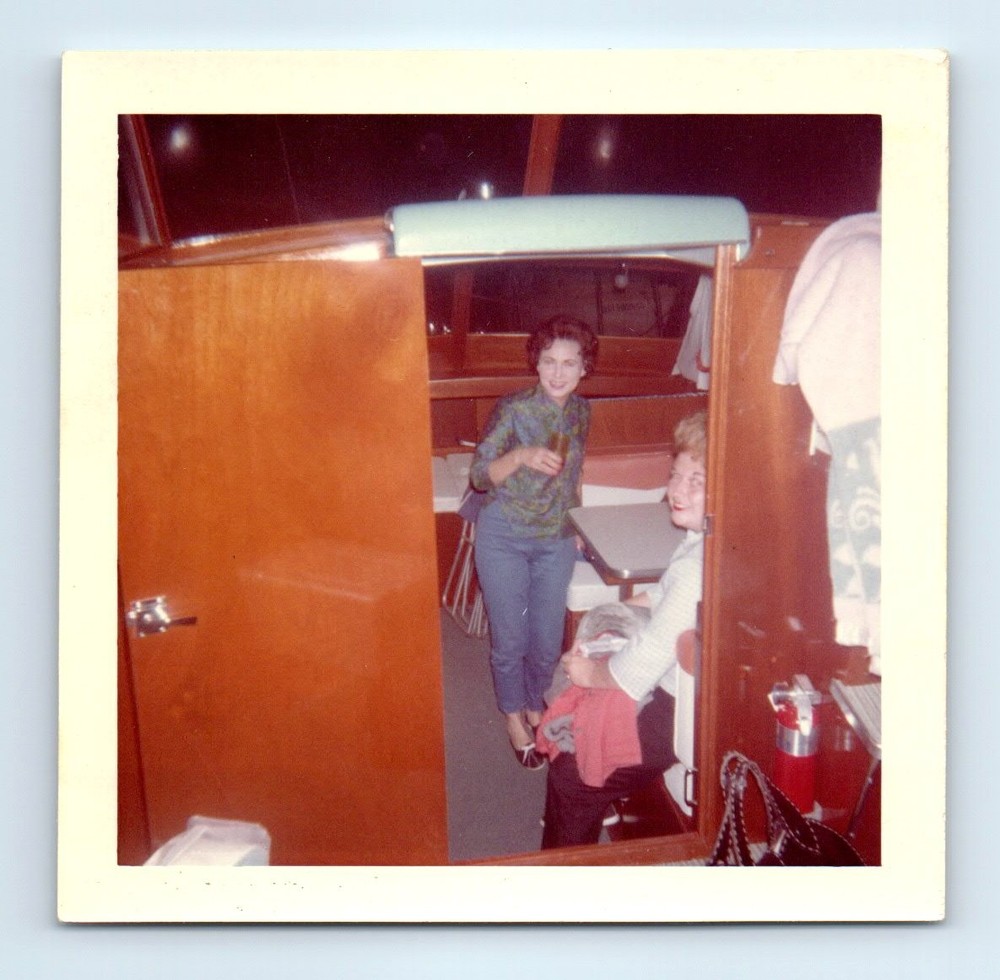 Old Vintage Square Color Photo WOMEN PAIR DUO IN BOAT CABIN SNAPSHOT PICTURE