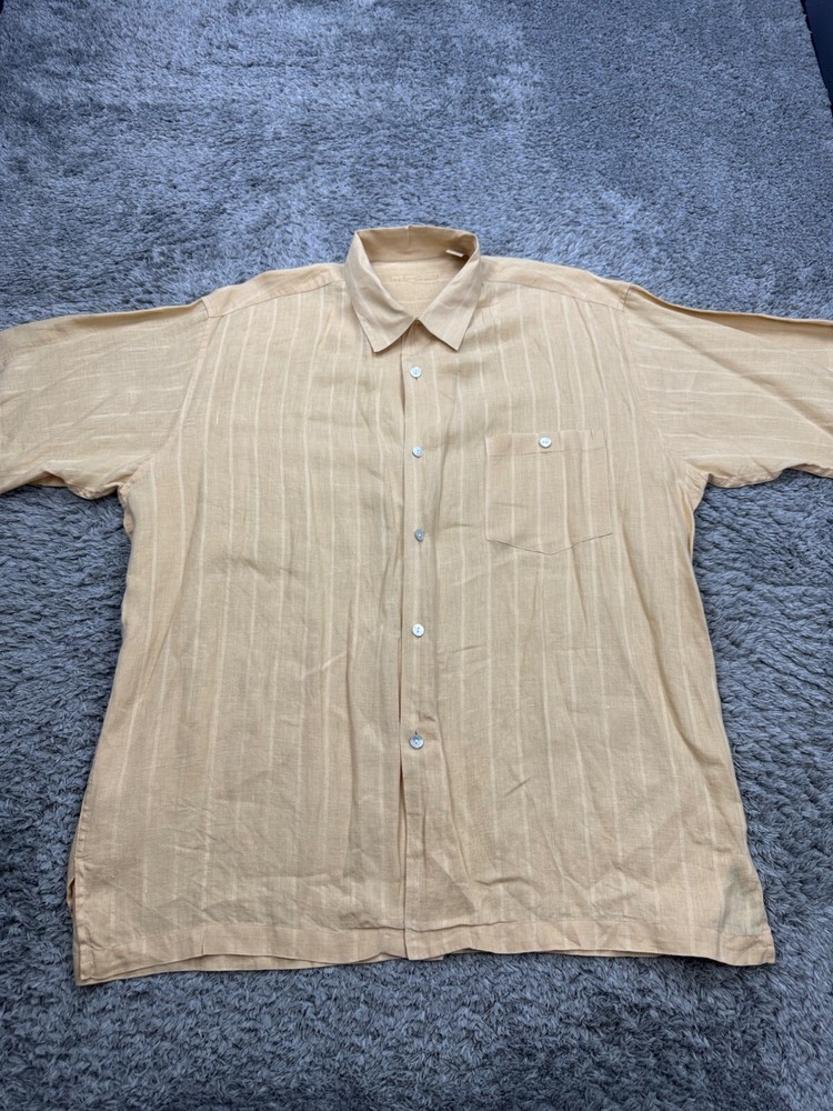 Tori Richard Shirt Men XL Peach Linen Striped Short Sleeve Loop Collar Button Up