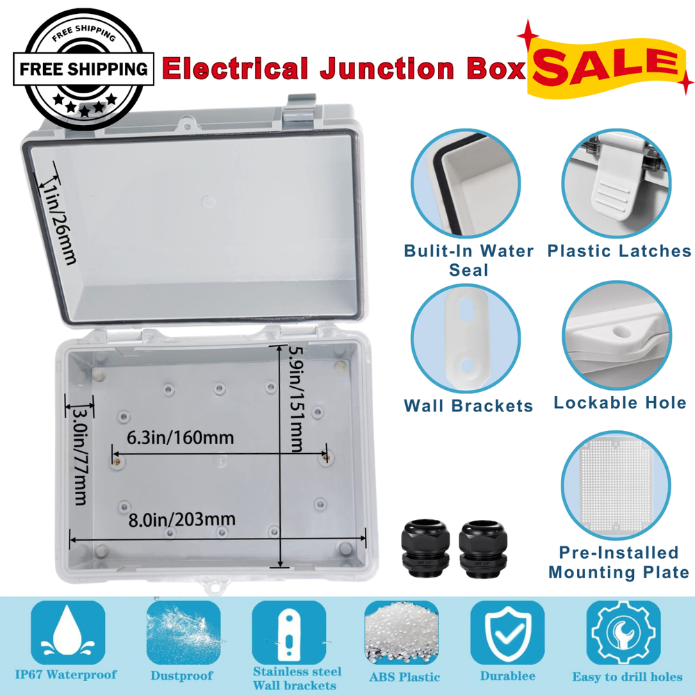 IP67 Waterproof Electrical Junction Box, ABS, Wall Bracket 2Cable Glands, Grey-image