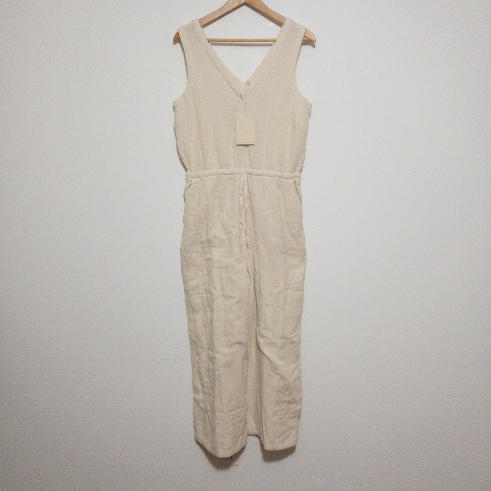 Garnet Hill Jumpsuit Womens 10 Beige Cara Organic Cotton Boho Festival Wide Leg