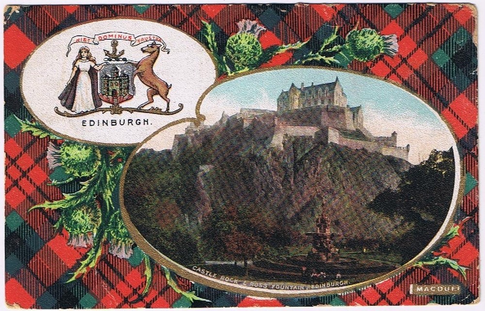 Postcard Tartan Castle Rock & Ross Fountain Edinburgh Scotland UK