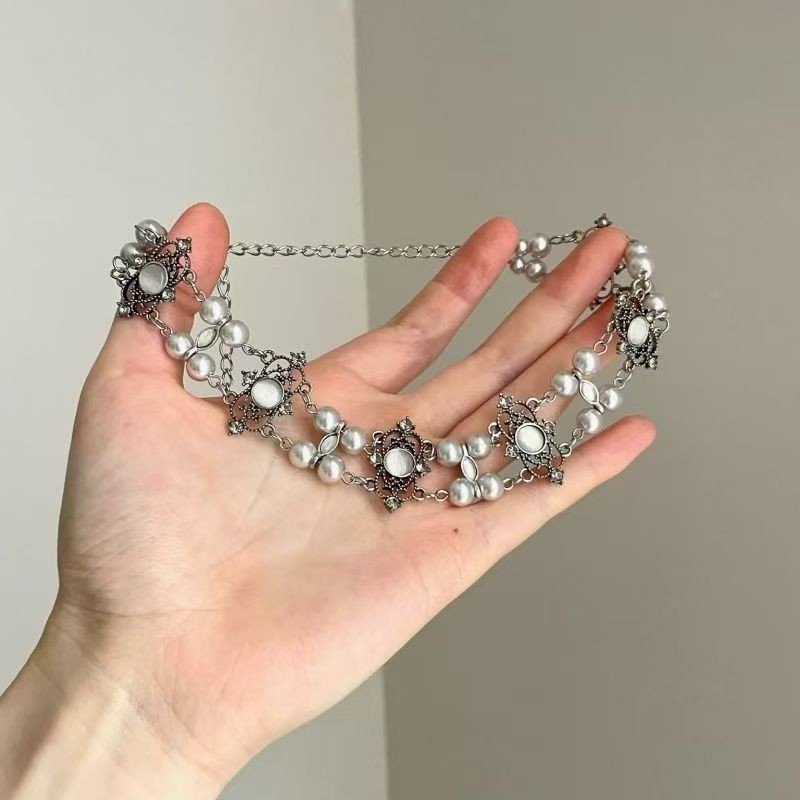 Vintage Antique Silver Filigree White Pearl Layered Choker Necklace Victorian